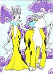  brown_eyes chikorita85 cloud collarbone creature dress eye_contact gen_2_pokemon looking_at_another moemon personification pokemon pokemon_(creature) raikou traditional_media white_hair yellow_dress 