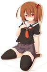  absurdres black_legwear blush borrowed_character brown_hair dodome-iro_mayonnaise glasses hair_bobbles hair_ornament highres morinaga_koeda original red_eyes school_uniform side_ponytail skirt solo thighhighs 