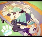  1girl ahoge animal_ears atalanta_(fate) backless_outfit cat cat_day couch dated fate/apocrypha fate_(series) garter_straps gloves gradient_hair miyuki_ruria multicolored_hair paw_print sleeping sleeping_on_person tail tail_wagging too_many too_many_cats 