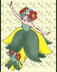  bellossom blush_stickers chikorita85 collarbone creature dancing dress floral_background floral_print gen_2_pokemon green green_dress green_eyes green_hair looking_at_viewer moemon outstretched_arms personification pokemon pokemon_(creature) short_hair traditional_media yellow_background 