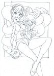  crossed_legs emolga fur_coat gen_5_pokemon graphite_(medium) greyscale headphones highres holding holding_poke_ball kamitsure_(pokemon) long_hair monochrome nobita poke_ball pokemon pokemon_(creature) pokemon_(game) pokemon_bw2 sidelocks sitting sketch smile traditional_media 