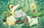  bulbasaur chikorita closed_eyes creature finni_chang flower gen_1_pokemon gen_2_pokemon gen_3_pokemon gen_4_pokemon gen_5_pokemon grass green mouth_hold nature no_humans outdoors plant pokemon pokemon_(creature) red_eyes signature snivy treecko turtwig watermark web_address yellow_eyes 