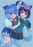  2girls :d absurdres animal_ears arm_around_back arm_up bangs bare_arms bare_legs black_hair blue_eyes blue_hair bodystocking bow bowtie cirno commentary_request common_raccoon_(kemono_friends) crossover dress eyebrows_visible_through_hair eyes_visible_through_hair fang feet_out_of_frame fur_collar gloves grey_hair hair_between_eyes hair_bow hand_up highres ice ice_wings kemono_friends knees_together_feet_apart long_sleeves looking_at_viewer multicolored_hair multiple_girls mutsumi326 open_mouth puffy_short_sleeves puffy_sleeves raccoon_ears raccoon_tail red_eyes shoes short_dress short_hair short_over_long_sleeves short_sleeves side-by-side skirt smile sweater tail touhou v-shaped_eyebrows wings 