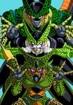  3boys blue_eyes cell_(dragon_ball) dragon_ball green_skin highres male male_focus multiple_boys multiple_persona pale_skin pink_eyes purple_eyes simple_background smile triple_persona white_skin 