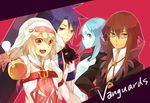  2boys 2girls alice_(tales) alice_(tales_of_symphonia_kor) aqua_(tales_of_symphonia) blonde_hair blue_eyes blue_hair breasts brown_eyes coat decus fur glasses green_eyes hat long_hair multiple_boys multiple_girls open_mouth pink_background red_hair richter_abend short_hair smile sword tales_of_(series) tales_of_symphonia tales_of_symphonia_knight_of_ratatosk weapon 
