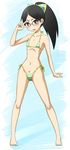  barefoot bespectacled bikini black_eyes black_hair cameltoe flat_chest glasses goriate kitsu_chiri long_hair navel ponytail sayonara_zetsubou_sensei solo swimsuit v v_over_eye 