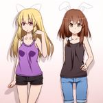  animal_ears bare_shoulders blonde_hair brown_eyes brown_hair bunny_ears casual hand_on_hip long_hair maribel_hearn multiple_girls no_hat no_headwear purple_eyes short_hair short_shorts shorts tank_top tori_(minamopa) touhou usami_renko 