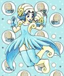  :d blue_background blue_dress blue_hair chikorita85 collarbone curly_hair dress eyelashes flat_chest full_body gen_1_pokemon happy looking_back moemon omanyte open_mouth panties pantyshot personification pokemon pokemon_(creature) short_hair smile traditional_media underwear 