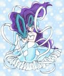  big_hair blue blue_background blue_dress caress chikorita85 collar collarbone creature dress gen_2_pokemon long_hair moemon personification pokemon pokemon_(creature) purple_hair suicune very_long_hair 