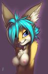  aqua_hair blue_eyes breasts canine chest_tuft female fennec fox fur hair long_ears looking_at_viewer mammal nipples nude signature smile solo thefuckingdevil tuft 