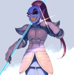  1girl armor blue_skin eyelashes eyepatch fins fish_girl gleam gloves grin highres holding holding_weapon looking_at_viewer ouse_(otussger) polearm red_hair sharp_teeth smile solo spear teeth undertale undyne weapon yellow_sclera 