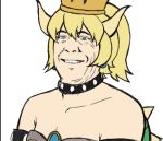  1boy blonde_hair bowsette bowsette_(cosplay) collar commentary cosplay doug_bowser dress finalcake gem lowres male_focus mario_(series) namesake new_super_mario_bros._u_deluxe nintendo ponytail real_life simple_background smile spiked_collar spikes super_crown upper_body white_background 