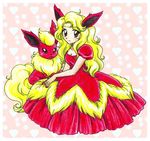  blonde_hair breasts brown_eyes chikorita85 cleavage collarbone dress fingernails flareon gen_1_pokemon heart heart_background looking_at_viewer medium_breasts moemon personification pink_background pokemon pokemon_(creature) pokemon_ears puffy_short_sleeves puffy_sleeves red_dress short_sleeves traditional_media wavy_hair 