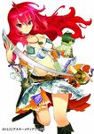  1girl ahoge bad_id bad_pixiv_id belt boots bracelet breasts choker cleavage green_eyes green_hair ikuta_sorouku jewelry knee_boots long_hair medium_breasts midriff navel necklace official_art red_eyes red_hair sanbasou short_hair smile sword tenkyou_no_alderamin weapon yatorishino_xam 