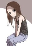  1girl absurdres bangs between_legs brown_eyes brown_hair closed_mouth commentary_request denim forehead hand_between_legs highres jeans karakai_jouzu_no_takagi-san long_hair looking_at_viewer pants parted_bangs singlet smile solo takagi-san white_background yamamoto_souichirou 