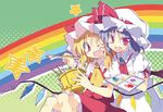  :d ;d art_brush blonde_hair blue_hair bucket commentary_request face_painting facepaint fangs flandre_scarlet happy hat hat_ribbon heart holding mob_cap multiple_girls one_eye_closed open_mouth paintbrush palette rainbow red_eyes remilia_scarlet ribbon satou_kibi siblings sisters smile star touhou wings 