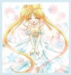  back_bow bare_shoulders bead_bracelet beads bishoujo_senshi_sailor_moon blonde_hair bow bracelet closed_eyes crescent double_bun dress facial_mark forehead_mark full_body gown jewelry long_hair lowres princess princess_serenity ribbon shirataki_kaiseki smile solo strapless strapless_dress tsukino_usagi twintails v_arms white_dress 