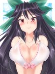  bare_shoulders bikini black_hair blush bow breasts bursting_breasts cleavage face hair_bow highres large_breasts long_hair negamaro red_eyes reiuji_utsuho smile solo swimsuit touhou upper_body very_long_hair 