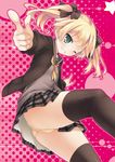  ;) black_legwear blonde_hair blush green_eyes grin jacket one_eye_closed original outline panties plaid plaid_skirt pointing ryo school_uniform skirt smile solo star thighhighs twintails underwear yellow_panties 