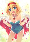  alice_margatroid animal_ears blonde_hair blue_eyes blush bow breasts bunny_ears bunnysuit cape cleavage collarbone confetti fishnet_pantyhose fishnets hairband looking_at_viewer medium_breasts open_mouth pantyhose short_hair sleeveless solo touhou wrist_cuffs yuu_(kfc) 