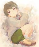  :&lt; brown_hair full_body male_focus original red_eyes shiogochi shoes shorts sneakers solo sweater 
