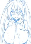  bare_shoulders blush breasts detached_sleeves hair_ornament hatsune_miku huge_breasts long_hair maydrawfag monochrome necktie sketch solo twintails upper_body vocaloid 