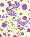  blonde_hair cat chikorita85 creature delcatty gen_3_pokemon gloves leaning leaning_forward looking_down moemon personification pokemon pokemon_(creature) pokemon_ears polka_dot polka_dot_background purple_eyes smile traditional_media walking yellow_background 