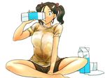  1girl black_hair breast_expansion breasts carton cow_girl cow_girl_(hataraki) drinking hataraki_ari horns large_breasts milk shorts simple_background solo white_background yellow_eyes 