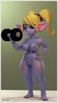  2019 3d_(artwork) abs barefoot big_breasts blue_fur blue_skin breasts butt digital_media_(artwork) dumbbell exercise eyebrows fangs female fur hair hand_on_hip hi_res humanoid league_of_legends looking_at_viewer mammal muscular nipples nude pigtails pointy_ears poppy_(lol) purple_eyes pussy riot_games short_stack simple_background solo standing sweat tahlian video_games weightlifting weights workout yordle 