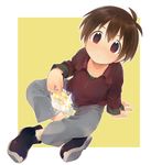  :o arm_support bread brown_hair di_gi_charat food full_body highres indian_style jewelry looking_at_viewer looking_up male_focus melon_bread minagawa_takurou necklace shiogochi shoes simple_background sitting socks solo 