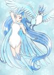  articuno blue blue_background blue_hair chikorita85 gen_1_pokemon legendary_pokemon long_hair looking_at_viewer moemon personification pokemon pokemon_(creature) red_eyes skirt snowflakes traditional_media very_long_hair white_skirt 