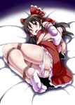  ankle_socks arms_behind_back bdsm bed_sheet blush bondage bound bow box_tie breasts brown_hair clenched_hand detached_sleeves fetal_position full_body hair_bow hair_tubes hakurei_reimu highres lilish long_hair lying medium_breasts on_side open_mouth panties plantar_flexion red_eyes rope shibari skirt solo sweat tabi tears touhou underboob underwear white_legwear white_panties 