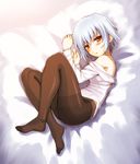  akanagi bare_shoulders ben-tou blue_hair brown_legwear feet from_above legs looking_at_viewer lying no_shoes off_shoulder on_side panties panties_under_pantyhose pantyhose red_eyes short_hair solo underwear yarizui_sen 