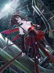  bare_shoulders black_hair breasts choker cityscape cleavage detached_sleeves flying highres large_breasts long_hair mecha_musume okingjo original red_eyes red_wings science_fiction signature skirt solo very_long_hair wings 