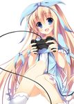  :d blonde_hair blue_eyes blush controller dress dualshock game_controller gamepad hair_ribbon holding iiyama_yuuki long_hair looking_at_viewer nozomi_tsubame open_mouth ribbon simple_background sitting smile solo uchi_no_isourou_ga_sekai_wo_shouaku_shiteru! very_long_hair white_background 