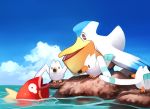  2018 ambiguous_gender avian bird blue_eyes feral fish group magikarp marine nintendo open_mouth outside pelipper pok&eacute;mon pok&eacute;mon_(species) ropang video_games water wings wingull 