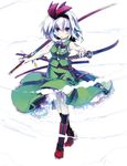  blue_eyes boots bow bowtie dual_wielding full_body hairband highres holding katana konpaku_youmu nanaroku_(fortress76) scabbard sheath silver_hair simple_background sleeveless solo sword touhou weapon white_background 