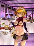  apron blonde_hair breastless_clothes breastless_clothing breasts cup dnm food gigige12 highres maid maid_apron maid_headdress nipple_piercing nipples piercing pussy see-through smile tray waitress wine wine_glass yellow_eyes 