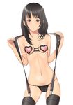  black_hair black_legwear black_panties blush breasts cameltoe cowboy_shot heart heart_bikini muffin_(sirumeria) navel original panties red_eyes simple_background small_breasts solo suspenders thighhighs underwear white_background 