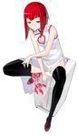  bob_cut china_dress chinese_clothes dress kurumaki_zakuro red_eyes red_hair short_hair simple_background solo thighhighs yasuda_suzuhito yozakura_quartet 