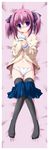  bare_shoulders black_legwear blue_eyes blush bow bow_panties dakimakura full_body groin hair_ribbon lying navel on_back original panties pink_hair ribbon short_hair skirt skirt_pull solo thighhighs tsukinon twintails underwear white_panties 