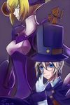  1girl absurdres adjusting_eyewear android blazblue blonde_hair blue_eyes breastplate carl_clover early_type glasses gloves hat height_difference highres nirvana short_hair top_hat white_gloves 