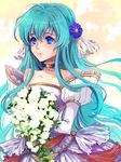  aqua_hair blue_eyes bouquet dress eirika fire_emblem fire_emblem:_kakusei flower saikachi_(ogre_tree) solo wedding_dress 