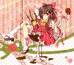  ;q adapted_costume bare_shoulders bow bowtie brown_eyes chocolate chocolate_drip chocolate_on_body clog_sandals detached_sleeves food frills fruit gohei hair_bow hakurei_reimu hand_behind_head happy_valentine highres in_food kuronohana minigirl one_eye_closed pocky red_eyes solo strawberry tabi tongue tongue_out touhou valentine wings 