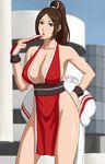  1girl breasts city fan fatal_fury highres king_of_fighters large_breasts ponytail shiranui_mai snk solo x_bokkis 