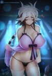  &lt;3 2018 amber_eyes animal_humanoid blacksaikou blush bovine bovine_humanoid breasts brown_hair cathyl_(monster_musume) cattle_humanoid clothed clothing female hair horn humanoid looking_at_viewer mammal monster_musume navel night nightwear nipple_bulge patreon skimpy solo standing underwear 