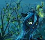  changeling fangs female feral friendship_is_magic glowing green_eyes hair half-closed_eyes holes horn leaf long_hair magic my_little_pony night plant queen_chrysalis_(mlp) quiss solo sparkle stars wings 