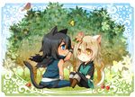  :&lt; animal_ears asato_(lamento) bird black_hair blonde_hair blue_hair bug butterfly cat_ears cat_tail chibi dark_skin dark_skinned_male fang flower hair_flower hair_ornament highres insect konoe kuronohana lamento male_focus multiple_boys orange_eyes sitting tail 