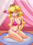  barefoot bikini blonde_hair blue_eyes blush bra breasts cleavage covered_nipples crown curvy earrings feet finger_licking head_tilt heart highres hips jewelry kneeling large_breasts licking lips lipstick long_hair looking_at_viewer makeup mario_(series) navel on_plate one_eye_closed plate princess_peach shiny shiny_skin sigurd_hosenfeld smile solo strap_gap super_mario_bros. sweatdrop swimsuit thighs toes tongue underwear 