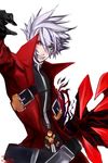  absurdres belt blazblue claws devoured_by_darkness early_type gloves green_eyes grin heterochromia highres jacket male_focus multiple_belts ragna_the_bloodedge red_eyes silver_hair smile solo 